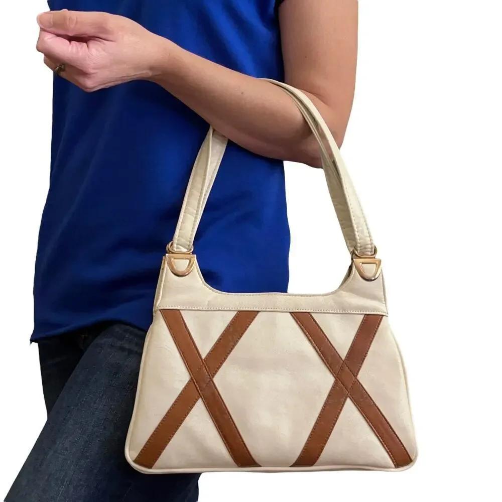 Vintage Ivory White Leather Criss-Cross Accent Frame Handbag Satchel